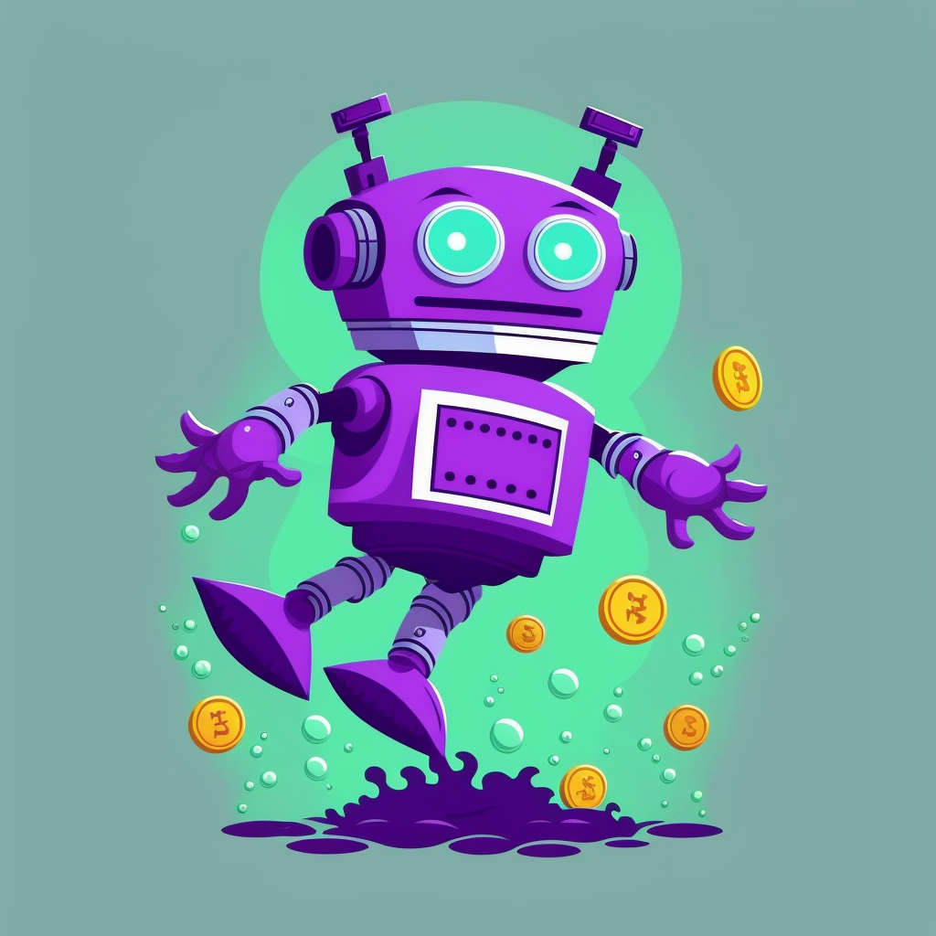 a purple robot surrounded by coins